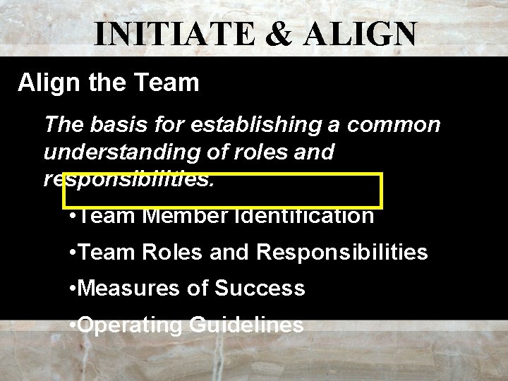 INITIATE & ALIGN Align the Team The basis for establishing a common understanding of