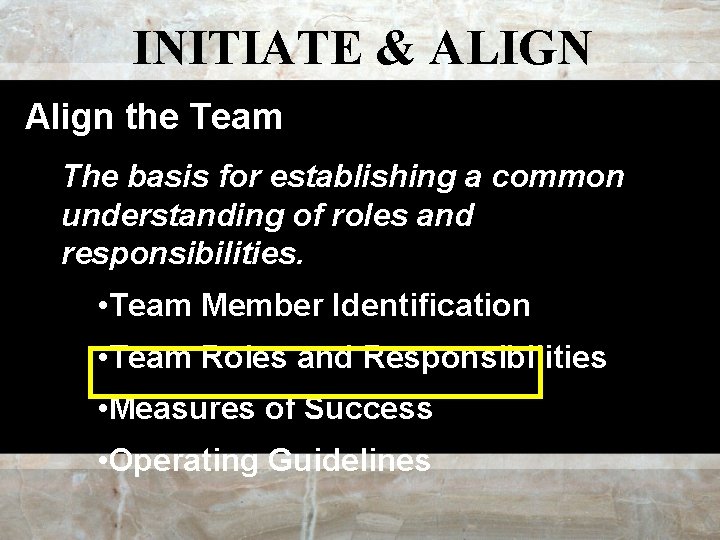 INITIATE & ALIGN Align the Team The basis for establishing a common understanding of