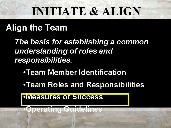 INITIATE & ALIGN Align the Team The basis for establishing a common understanding of