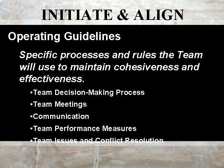 INITIATE & ALIGN Operating Guidelines Specific processes and rules the Team will use to