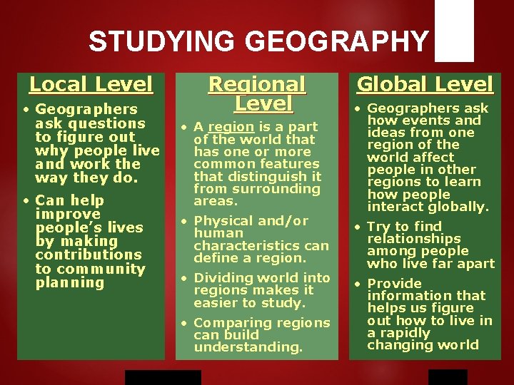 STUDYING GEOGRAPHY Local Level • Geographers ask questions to figure out why people live