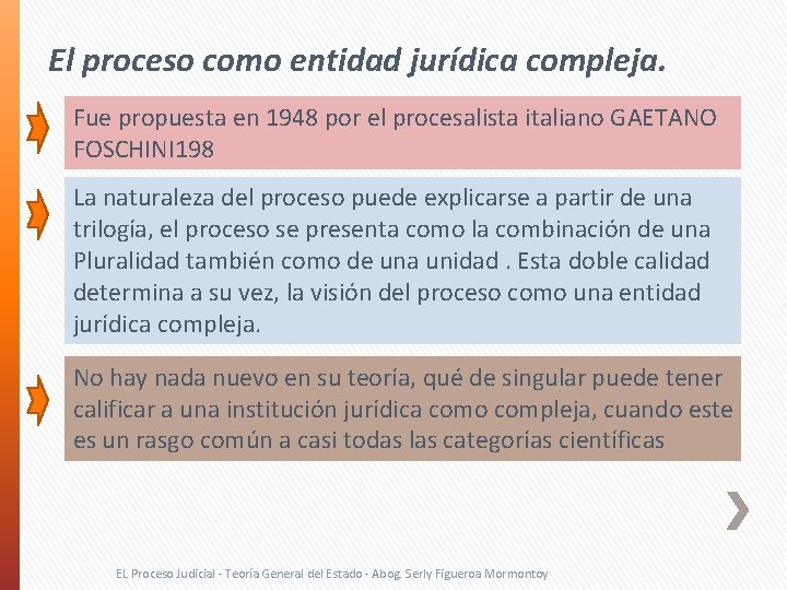 El proceso como entidad jurídica compleja. Fue propuesta en 1948 por el procesalista italiano