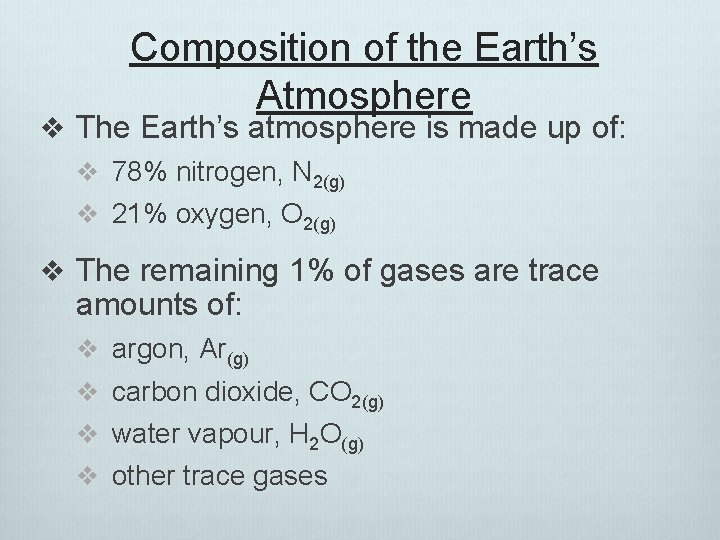 Composition of the Earth’s Atmosphere v The Earth’s atmosphere is made up of: v Composition of the Earth’s Atmosphere v The Earth’s atmosphere is made up of: v