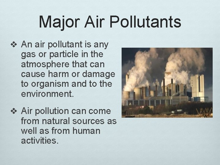 Major Air Pollutants v An air pollutant is any gas or particle in the Major Air Pollutants v An air pollutant is any gas or particle in the