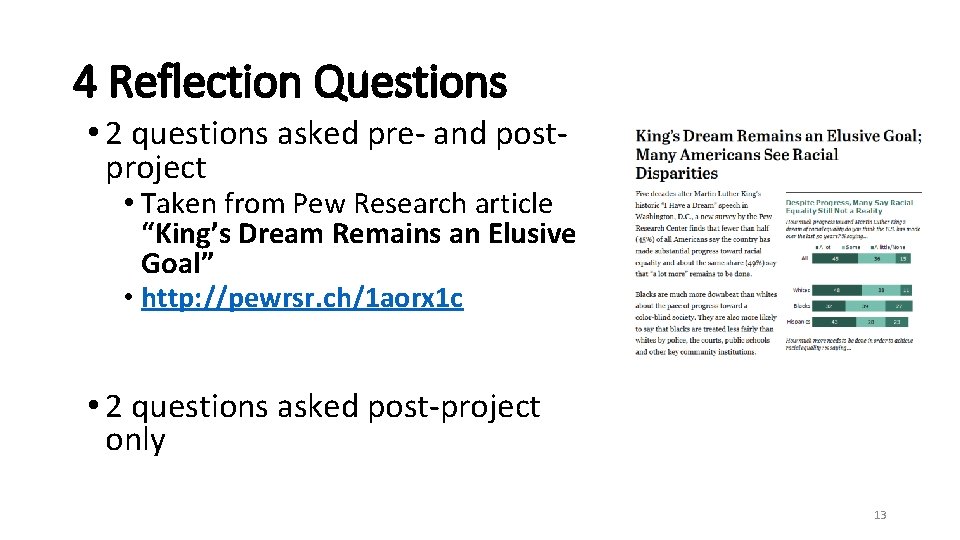 4 Reflection Questions • 2 questions asked pre- and post- project • Taken from