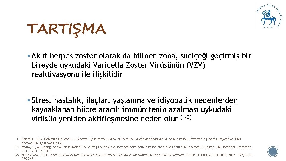 TARTIŞMA § Akut herpes zoster olarak da bilinen zona, suçiçeği geçirmiş bireyde uykudaki Varicella