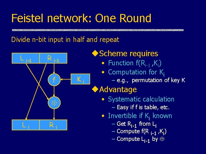 Feistel network: One Round Divide n-bit input in half and repeat L i-1 R Feistel network: One Round Divide n-bit input in half and repeat L i-1 R