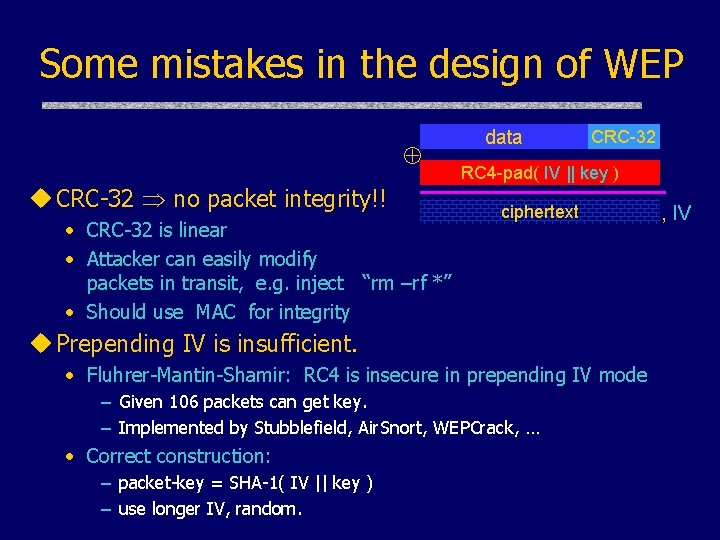 Some mistakes in the design of WEP u CRC-32 no packet integrity!! • CRC-32 Some mistakes in the design of WEP u CRC-32 no packet integrity!! • CRC-32