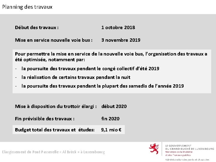Planning des travaux Début des travaux : 1 octobre 2018 Mise en service nouvelle
