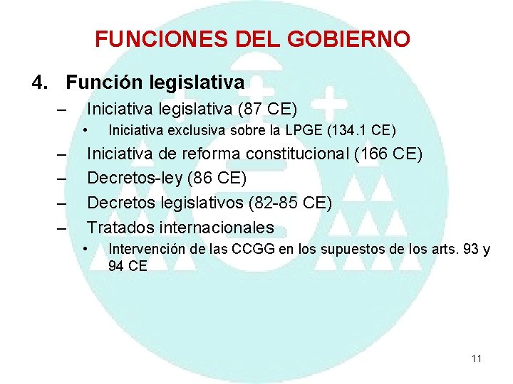 FUNCIONES DEL GOBIERNO 4. Función legislativa – Iniciativa legislativa (87 CE) • – –