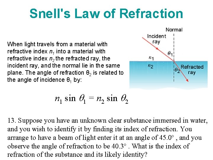 Snell's Law of Refraction When light travels from a material with refractive index n