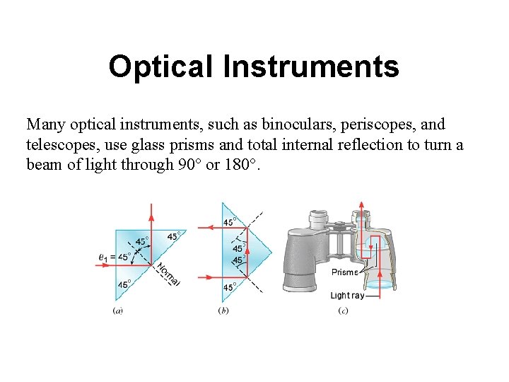 Optical Instruments Many optical instruments, such as binoculars, periscopes, and telescopes, use glass prisms