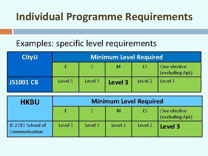 Individual Programme Requirements Examples: specific level requirements City. U JS 1001 CB Minimum Level