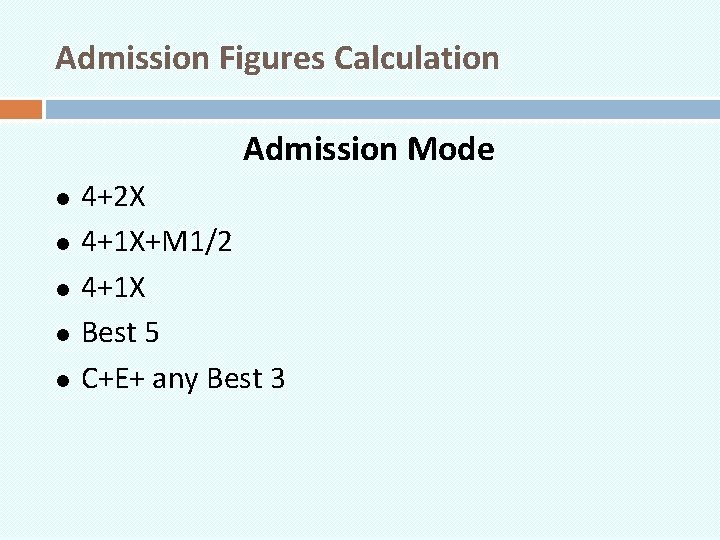 Admission Figures Calculation Admission Mode l l l 4+2 X 4+1 X+M 1/2 4+1