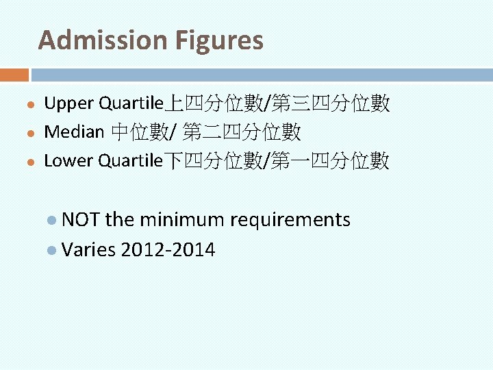 Admission Figures l l l Upper Quartile上四分位數/第三四分位數 Median 中位數/ 第二四分位數 Lower Quartile下四分位數/第一四分位數 l NOT