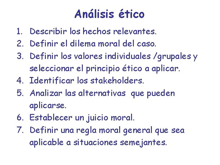 Análisis ético 1. Describir los hechos relevantes. 2. Definir el dilema moral del caso.
