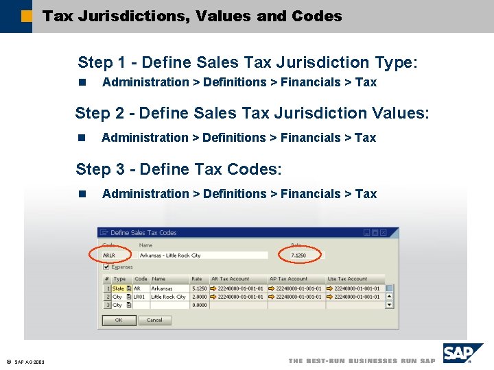 Tax Jurisdictions, Values and Codes Step 1 - Define Sales Tax Jurisdiction Type: n Tax Jurisdictions, Values and Codes Step 1 - Define Sales Tax Jurisdiction Type: n