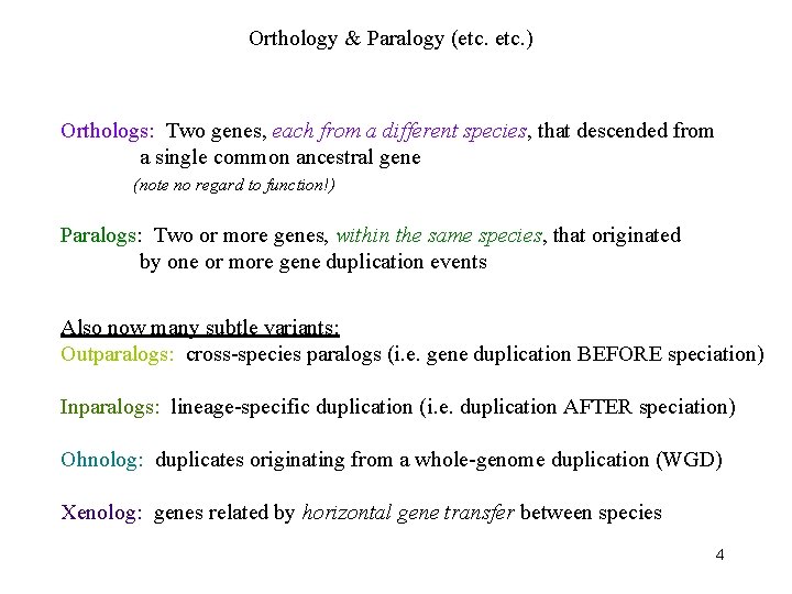 Orthology & Paralogy (etc. ) Orthologs: Two genes, each from a different species, that