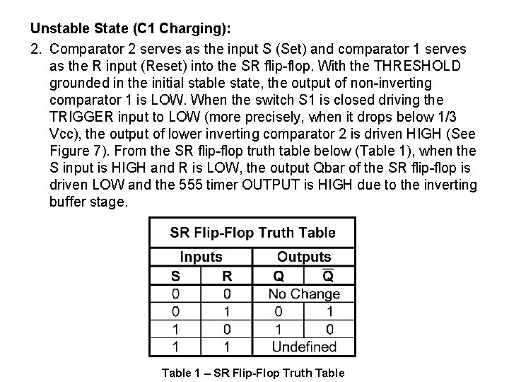 Unstable State (C 1 Charging): 2. Comparator 2 serves as the input S (Set)