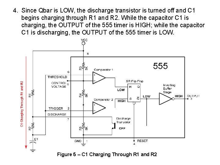 4. Since Qbar is LOW, the discharge transistor is turned off and C 1