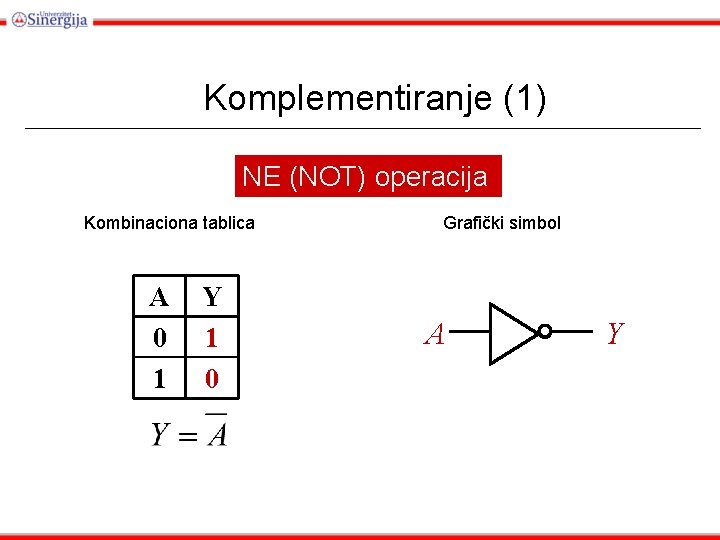 Komplementiranje (1) NE (NOT) operacija Kombinaciona tablica A 0 1 Y 1 0 Grafički