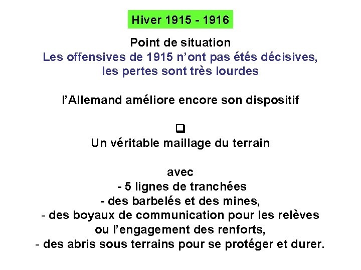 Hiver 1915 - 1916 Point de situation Les offensives de 1915 n’ont pas étés