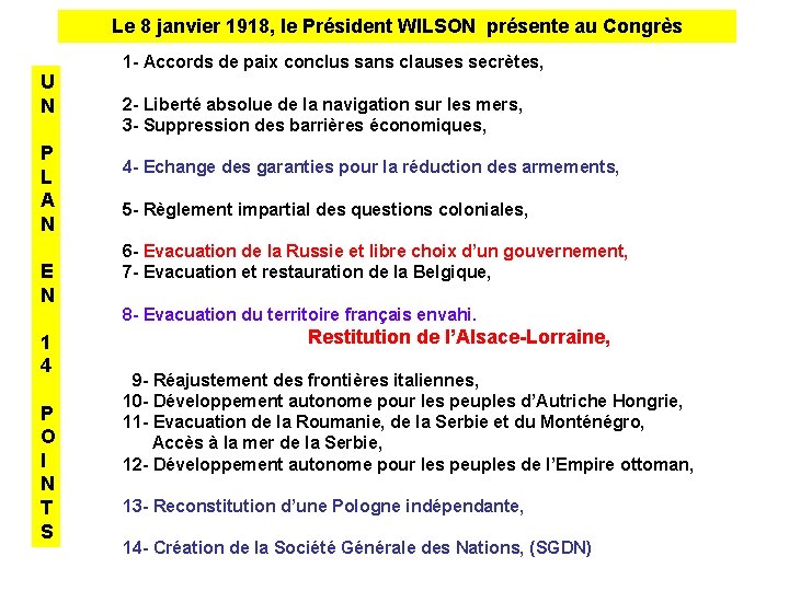 Le 8 janvier 1918, le Président WILSON présente au Congrès U N P L