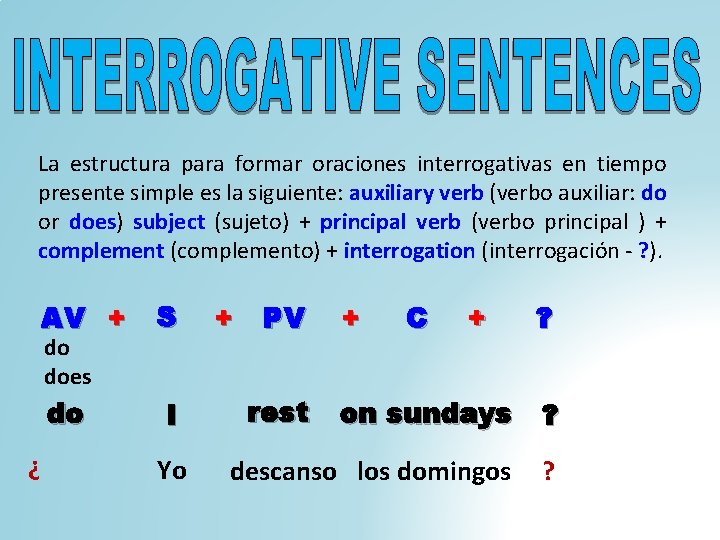 La estructura para formar oraciones interrogativas en tiempo presente simple es la siguiente: auxiliary