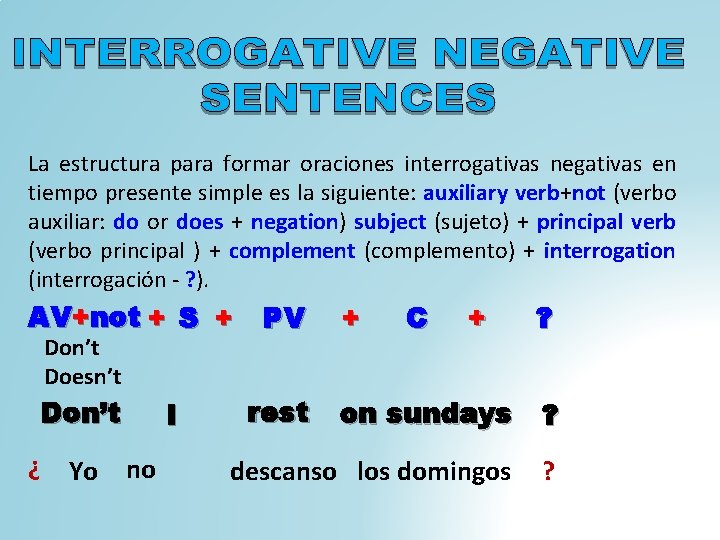 La estructura para formar oraciones interrogativas negativas en tiempo presente simple es la siguiente: