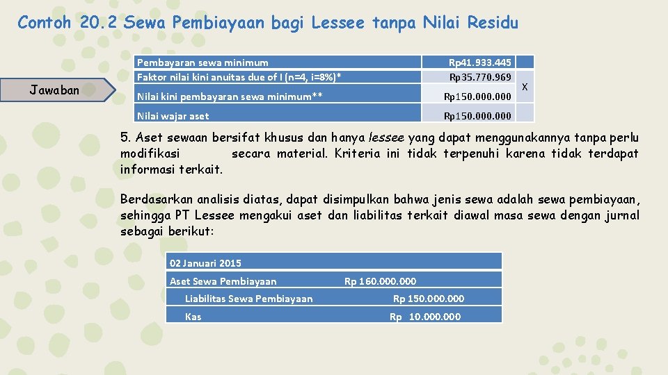 Contoh 20. 2 Sewa Pembiayaan bagi Lessee tanpa Nilai Residu Jawaban Pembayaran sewa minimum