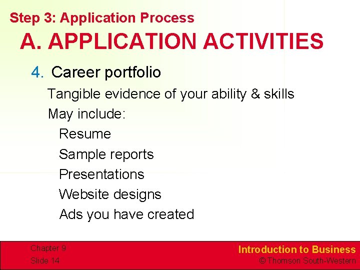 Step 3: Application Process A. APPLICATION ACTIVITIES 4. Career portfolio Tangible evidence of your