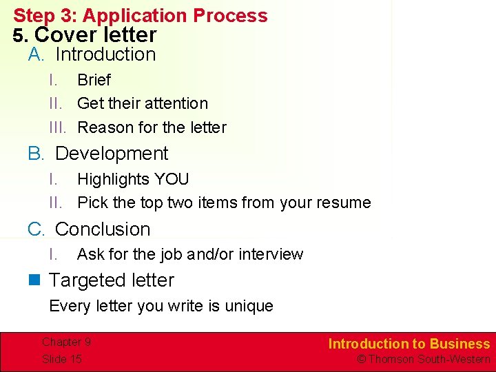 Step 3: Application Process 5. Cover letter A. Introduction I. Brief II. Get their