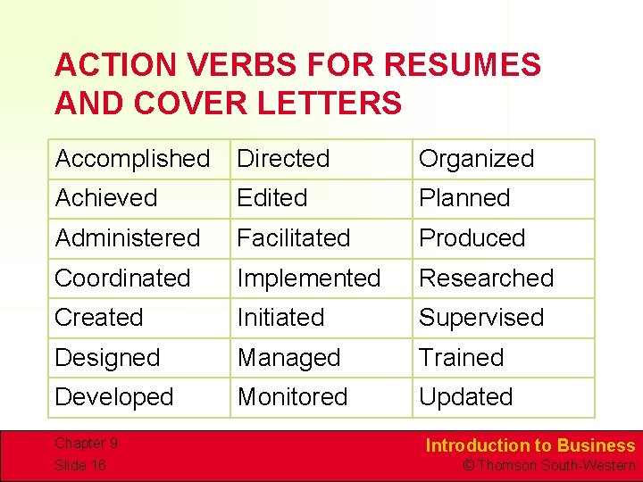 ACTION VERBS FOR RESUMES AND COVER LETTERS Accomplished Directed Organized Achieved Edited Planned Administered