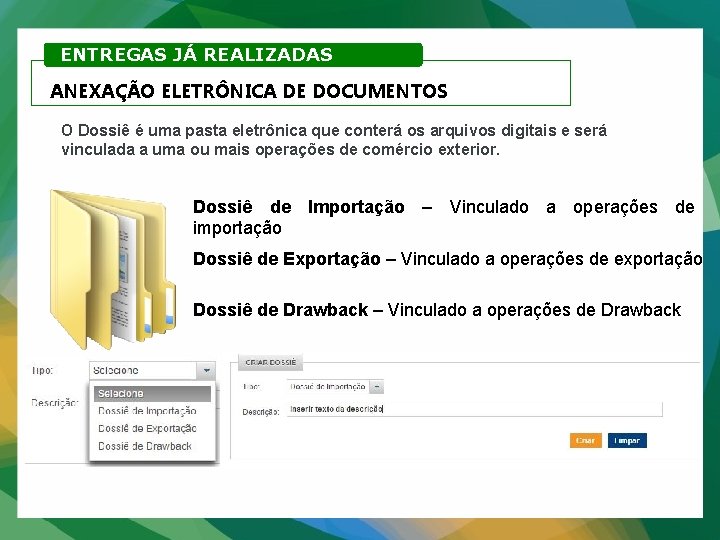 ENTREGAS JÁ REALIZADAS ANEXAÇÃO ELETRÔNICA DE DOCUMENTOS O Dossiê é uma pasta eletrônica que