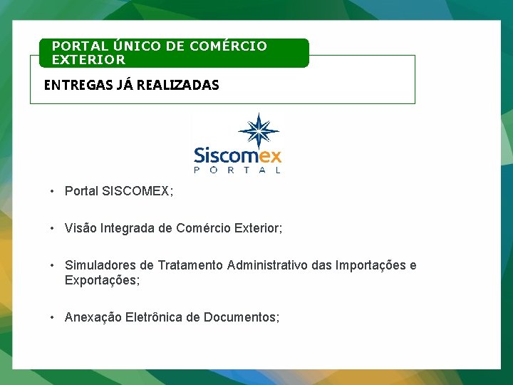 PORTAL ÚNICO DE COMÉRCIO EXTERIOR ENTREGAS JÁ REALIZADAS • Portal SISCOMEX; • Visão Integrada