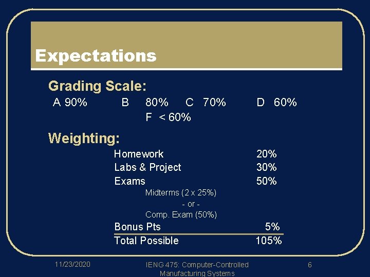 Expectations l Grading Scale: A 90% l B 80% C 70% F < 60%