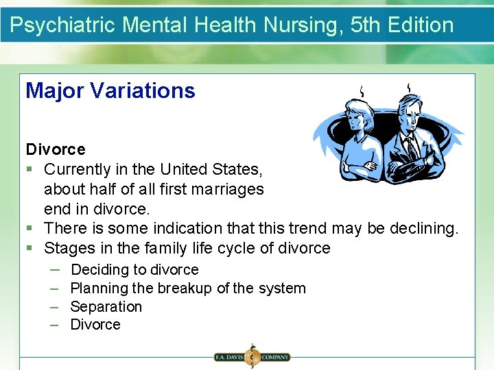 Psychiatric Mental Health Nursing, 5 th Edition Major Variations Divorce § Currently in the