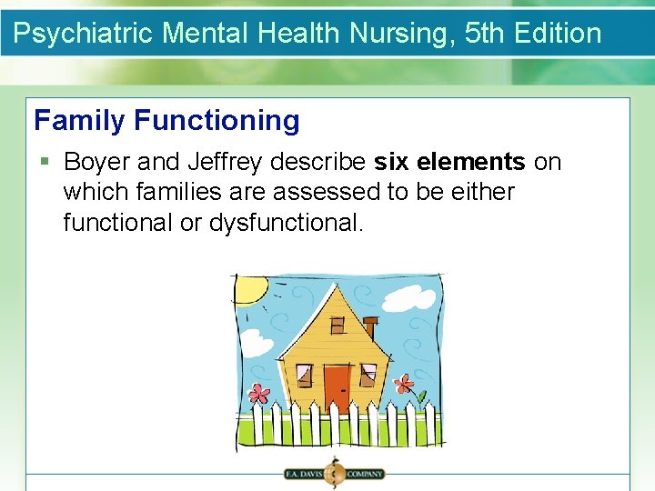 Psychiatric Mental Health Nursing, 5 th Edition Family Functioning § Boyer and Jeffrey describe