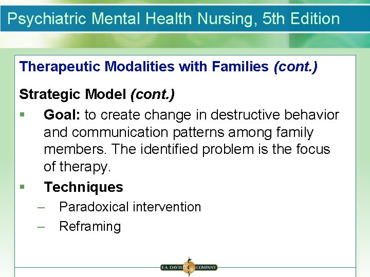 Psychiatric Mental Health Nursing, 5 th Edition Therapeutic Modalities with Families (cont. ) Strategic