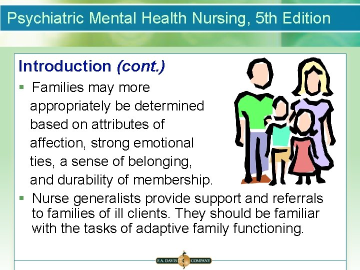 Psychiatric Mental Health Nursing, 5 th Edition Introduction (cont. ) § Families may more