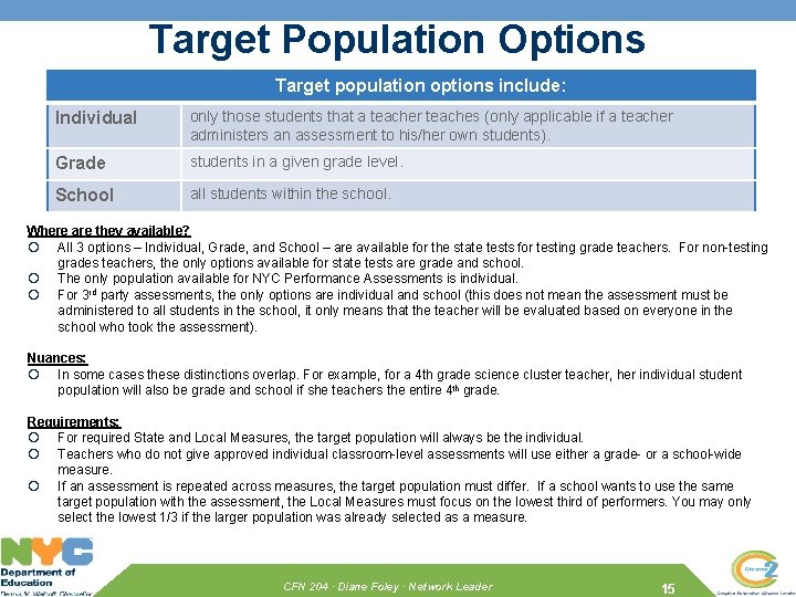 Target Population Options Target population options include: Individual only those students that a teacher