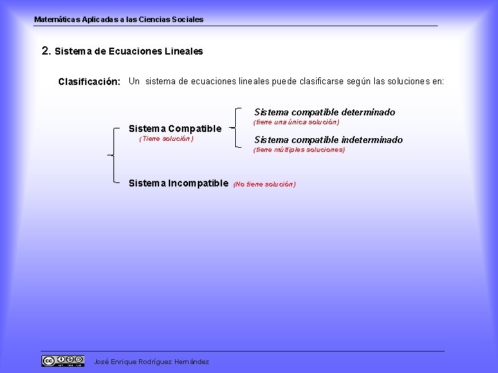 Matemáticas Aplicadas a las Ciencias Sociales 2. Sistema de Ecuaciones Lineales Clasificación: Un sistema