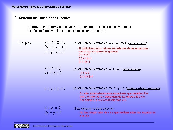 Matemáticas Aplicadas a las Ciencias Sociales 2. Sistema de Ecuaciones Lineales Resolver un sistema