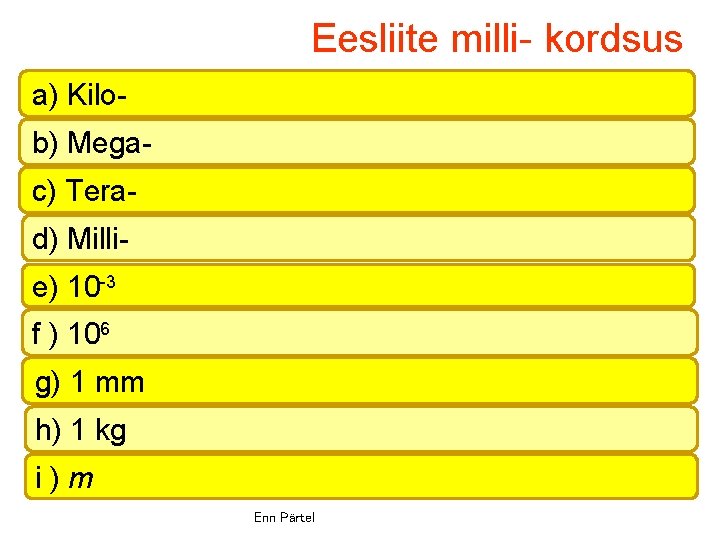 Eesliite milli- kordsus a) Kilob) Megac) Terad) Millie) 10 -3 f ) 106 g)
