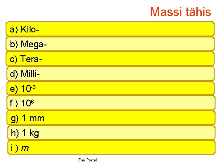 Massi tähis a) Kilob) Megac) Terad) Millie) 10 -3 f ) 106 g) 1