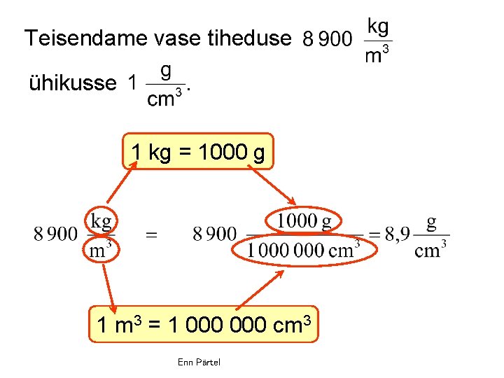 Teisendame vase tiheduse ühikusse . 1 kg = 1000 g 1 m 3 =