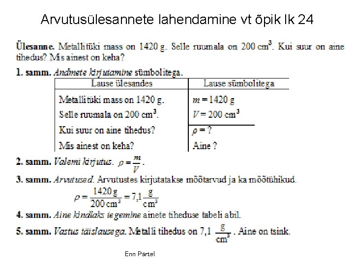 Arvutusülesannete lahendamine vt õpik lk 24 Enn Pärtel 