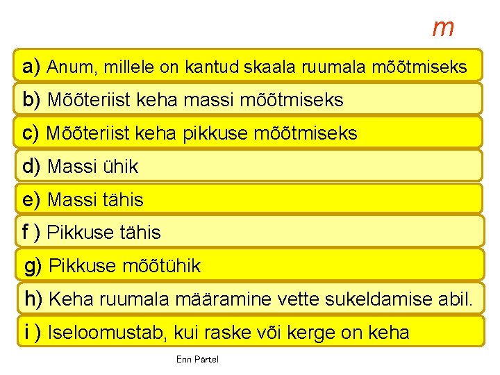 m a) Anum, millele on kantud skaala ruumala mõõtmiseks b) Mõõteriist keha massi mõõtmiseks