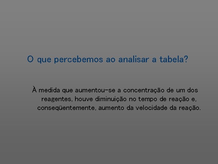 O que percebemos ao analisar a tabela? À medida que aumentou-se a concentração de