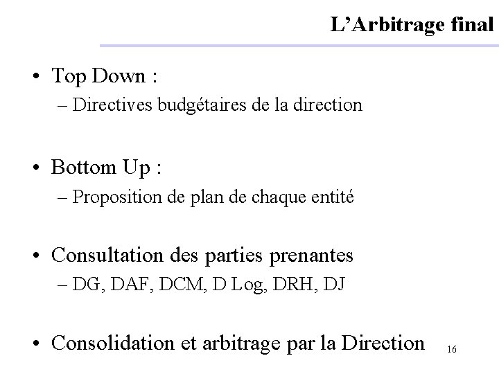 L’Arbitrage final • Top Down : – Directives budgétaires de la direction • Bottom